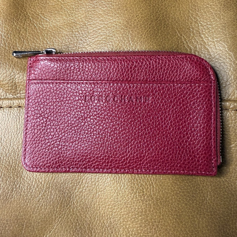 Longchamp Red Leather Card Coin Case Holder Mini Wallet NWOB